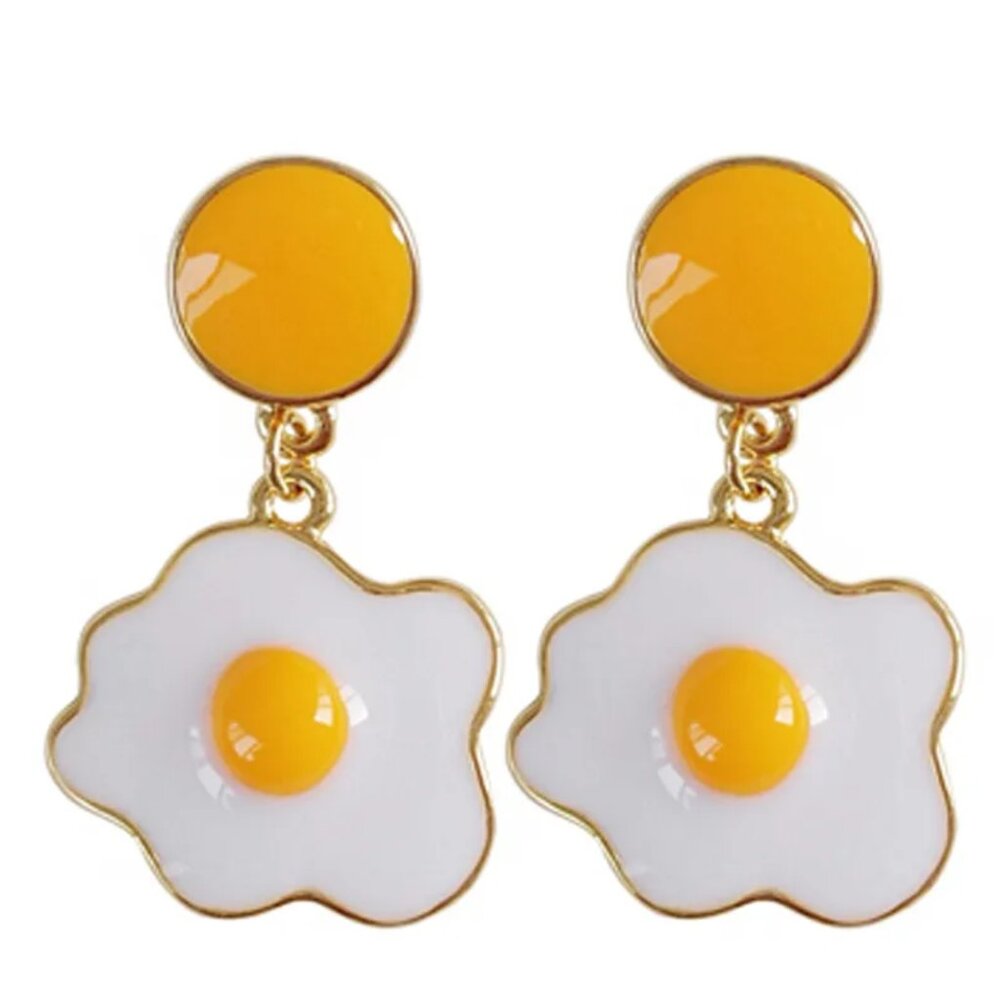 NEW Fun Fried Egg Yellow and White Enamel Drop Earrings - Picture 2 of 2
